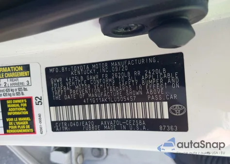 2020 Toyota Camry Se z USA, uszkodzony, nr VIN 4T1G11AK1LU505457